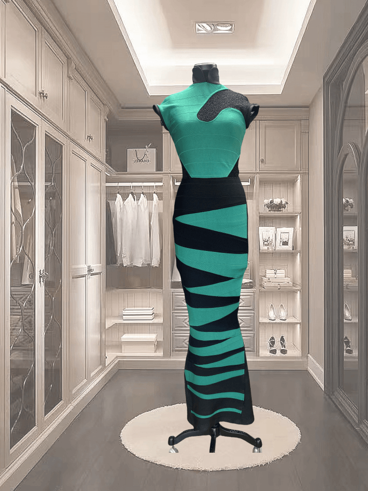 Madame Moje Green Dress showcasing a form-fitting cut with black lace and zip zap stripes in an elegant wardrobe setting.