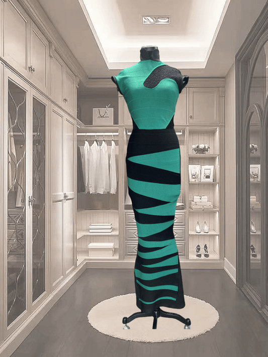 Madame Moje Green Dress showcasing a form-fitting cut with black lace and zip zap stripes in an elegant wardrobe setting.