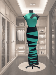 Madame Moje Green Dress showcasing a form-fitting cut with black lace and zip zap stripes in an elegant wardrobe setting.