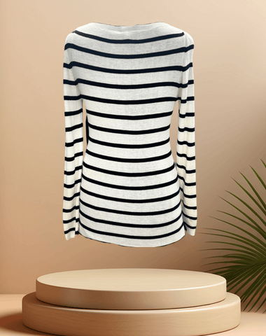 Back view of Marccain B&W Stripped Knitted Blouse on display, showcasing its striped design and elegant silhouette.