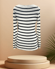 Back view of Marccain B&W Stripped Knitted Blouse on display, showcasing its striped design and elegant silhouette.
