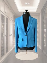 Marccain blue jacket showcased on a mannequin, featuring a professional design and tailored fit, perfect for work outfits.