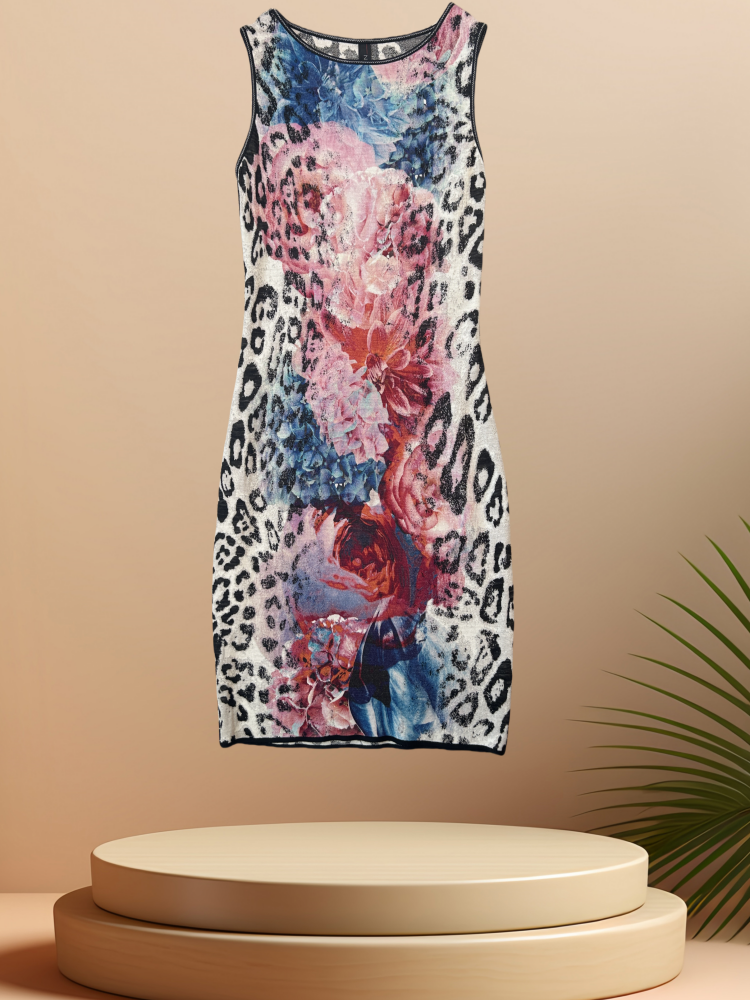 Marccain floral leopard print wool dress displayed on a pedestal, showcasing vibrant colors and elegant design.