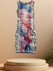 Marccain floral leopard print wool dress displayed on a pedestal, showcasing vibrant colors and elegant design.
