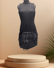 Michael Kors Black Feather Dress featuring a stylish feather skirt, perfect for elegant occasions.