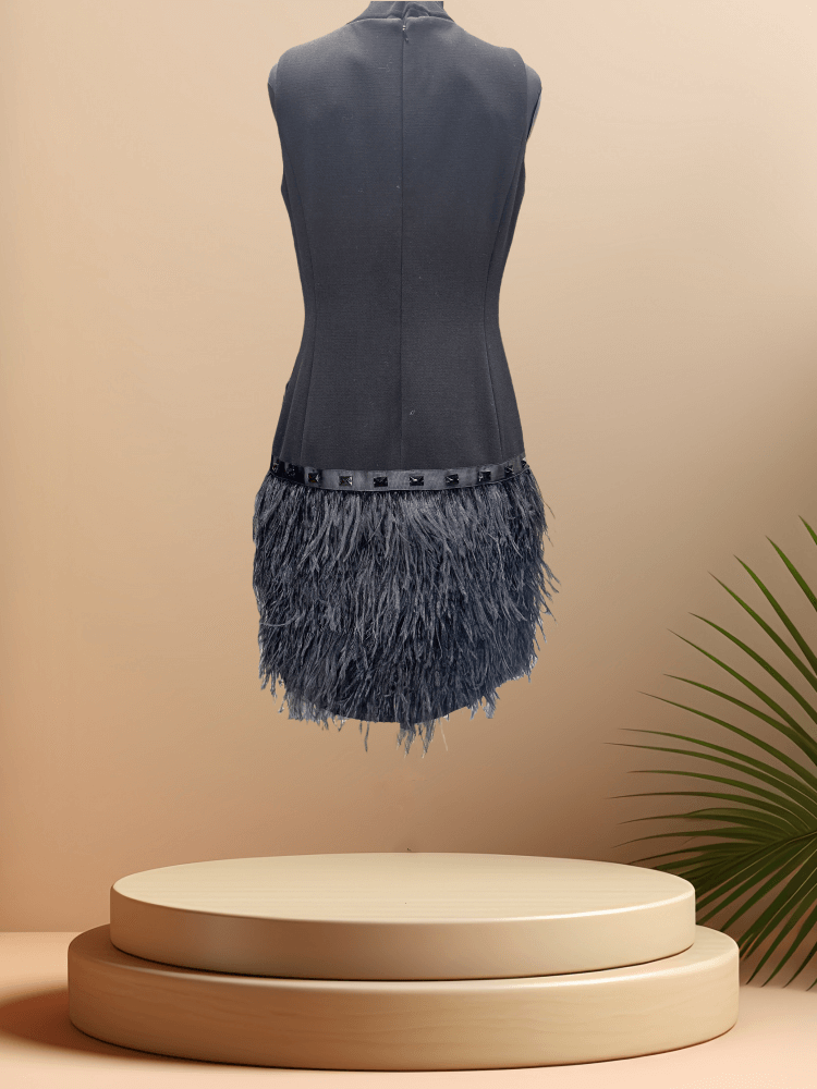 Michael Kors Black Feather Dress showcasing a trendy feather skirt, perfect for elegant events and fashion-forward styles.