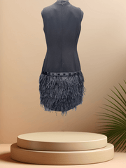 Michael Kors Black Feather Dress showcasing a trendy feather skirt, perfect for elegant events and fashion-forward styles.