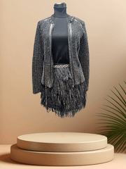 Michael Kors Feather Skirt with unique feather detailing styled with a chic black jacket, perfect for trendy outfits.