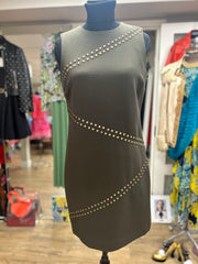 Michael Kors Rivet Dress in sophisticated green with unique front rivet detailing, perfect for professional wardrobes.