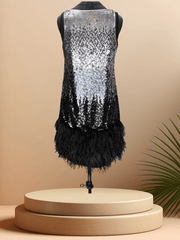 Back view of Michael Kors sequins feather dress showcasing dazzling sequins and luxurious black ostrich feathers.