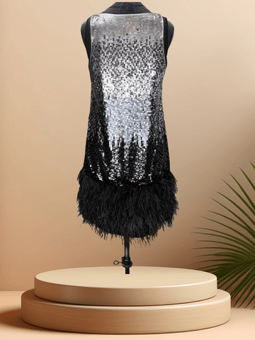 Back view of Michael Kors sequins feather dress showcasing dazzling sequins and luxurious black ostrich feathers.