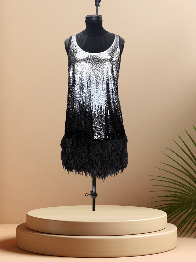 Michael Kors Sequins Feather Dress with dazzling sequins and feather details displayed on a mannequin.