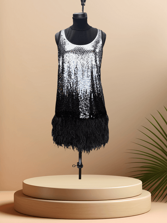 Michael Kors Sequins Feather Dress with dazzling sequins and feather details displayed on a mannequin.