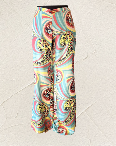 Seventy Abstract Print Pants in colorful swirling patterns, crafted from high-quality silk for elegance and comfort.