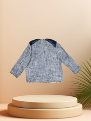 Back view of Seventy Blue Knitted Jacket showcasing unique bead and thread shoulder detail, perfect for versatile styling.