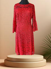 Seventy Red Lace Dress showcasing a classic cut, elegant lace detail, perfect for dinner parties and celebrations.
