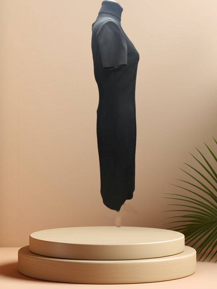 St John Black Dress showcasing a classic body fit and elegant style, perfect for dinner parties.