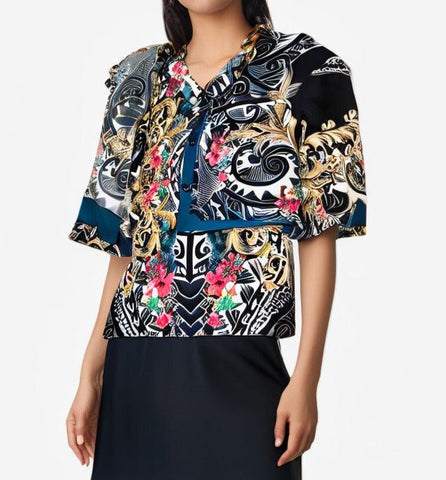 Versace Black Floral Totem Blouse featuring elegant floral and totem patterns, perfect for stylish outfits.