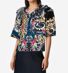 Versace Black Floral Totem Blouse featuring elegant floral and totem patterns, perfect for stylish outfits.