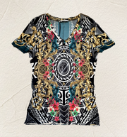 Versace Black Floral Totem Blouse featuring bold floral patterns and intricate designs on a stylish V-neck top.