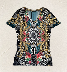 Versace Black Floral Totem Blouse featuring bold floral patterns and intricate designs on a stylish V-neck top.