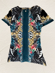 Versace Black Floral Totem Blouse featuring intricate floral and geometric patterns for a bold and elegant style.