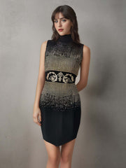 Versace black dress with golden logo and embellishments, exuding elegance and style for any occasion.