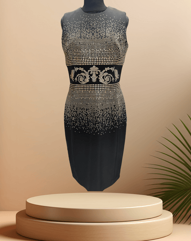 Versace black dress with golden logo and bead embellishments, elegantly designed for a sophisticated look.