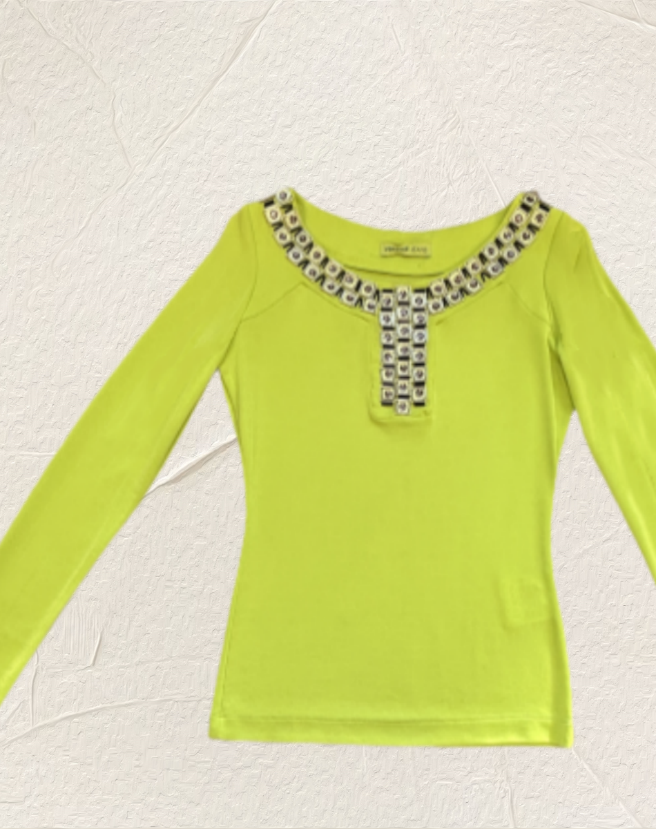 Versace florescent green blouse with gem design neckline and long sleeves, perfect for a stylish outfit.