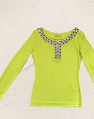 Versace florescent green blouse with gem design neckline and long sleeves, perfect for a stylish outfit.