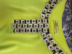 Versace florescent green blouse featuring gem design neckline and brand label detail.