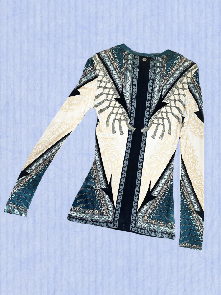 Versace Green Totem Blouse featuring intricate patterns, long sleeves, and bold design perfect for a fashion statement.