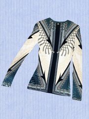 Versace Green Totem Blouse featuring intricate patterns, long sleeves, and bold design perfect for a fashion statement.