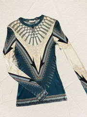 Versace Green Totem Blouse featuring intricate patterns and luxurious design, perfect for a bold fashion statement.
