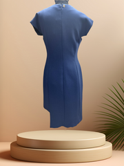Versace navy blue dress with a straight cut, featuring a unique golden zipper deco and stylish design.