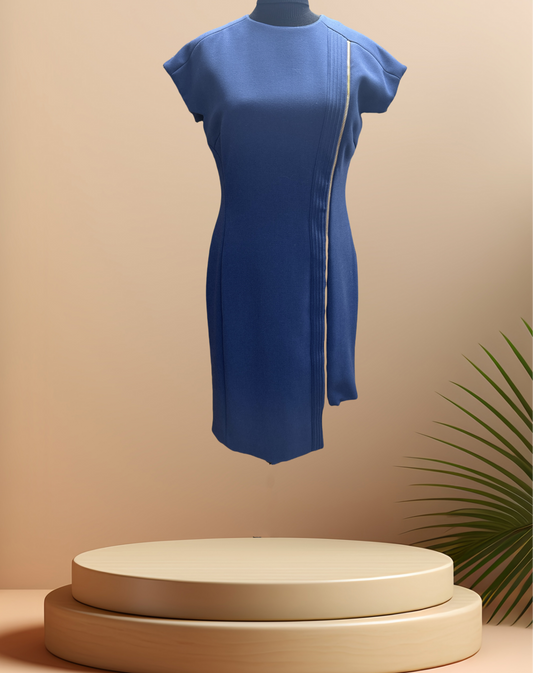 Versace navy blue dress showcasing a straight cut design with a golden zipper detail, perfect for any occasion.