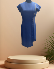 Versace navy blue dress showcasing a straight cut design with a golden zipper detail, perfect for any occasion.