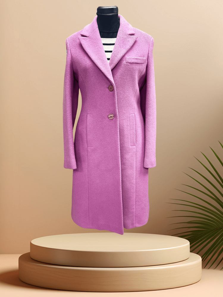 Versace Pink Coat displayed on a mannequin, showcasing its classic cut and timeless design against a neutral background.