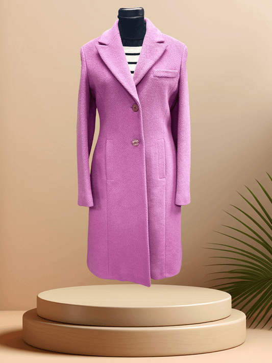 Versace Pink Coat displayed on a mannequin, showcasing its classic cut and timeless design against a neutral background.