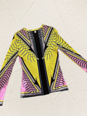 Versace pink and yellow blouse featuring iconic design and bold patterns, crafted from 100% viscose for a glamorous look.
