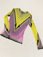 Versace pink and yellow blouse with iconic design and bold patterns, crafted from 100% viscose.