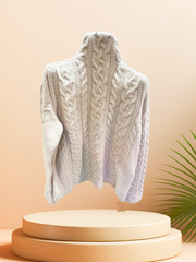 Seventy Sweater cashmere turtleneck in light grey on display, featuring a cozy cable knit pattern and stylish design.